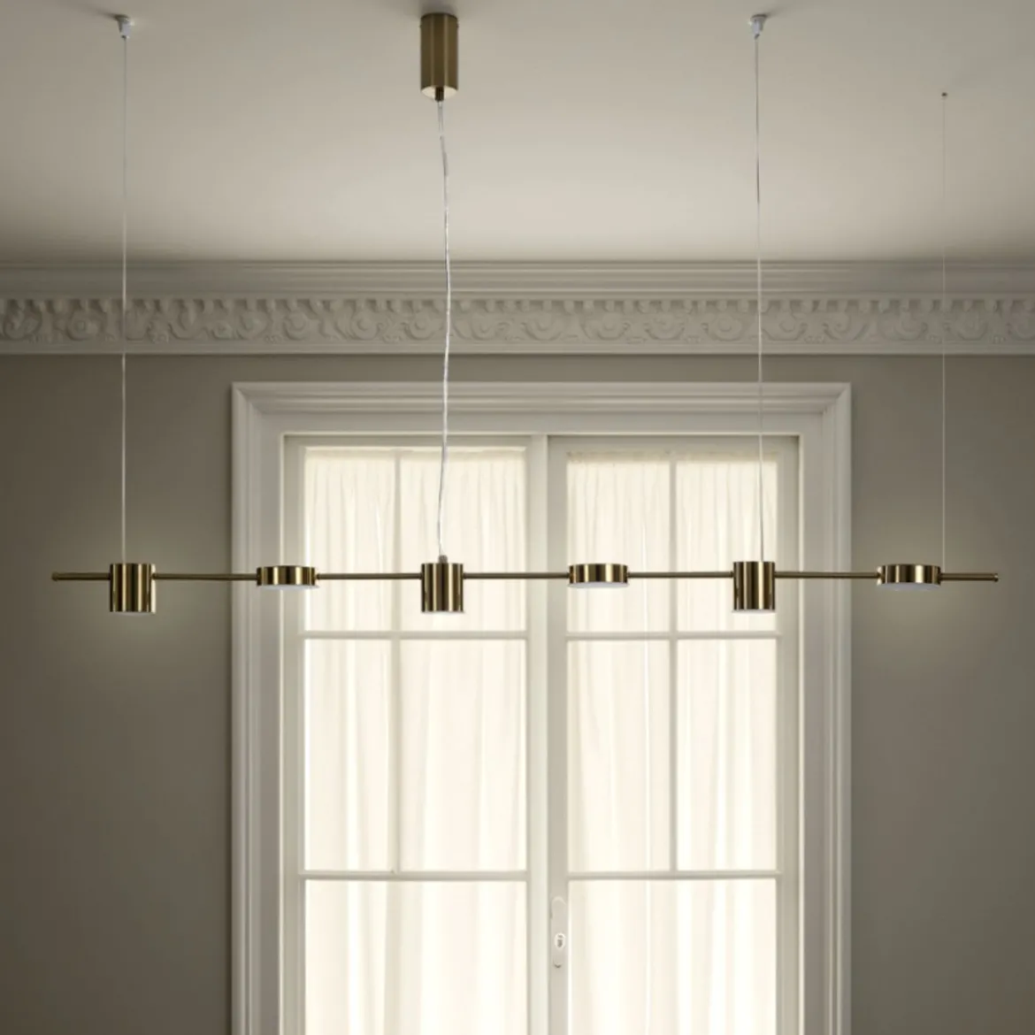 Domino led mind lampadario in alluminio colore ottone anticato opaco regolabile 160x10 h130 cm
