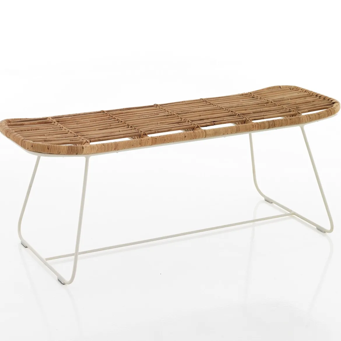 Durga panca in rattan naturale e ferro bianco 120x44xh47 cm