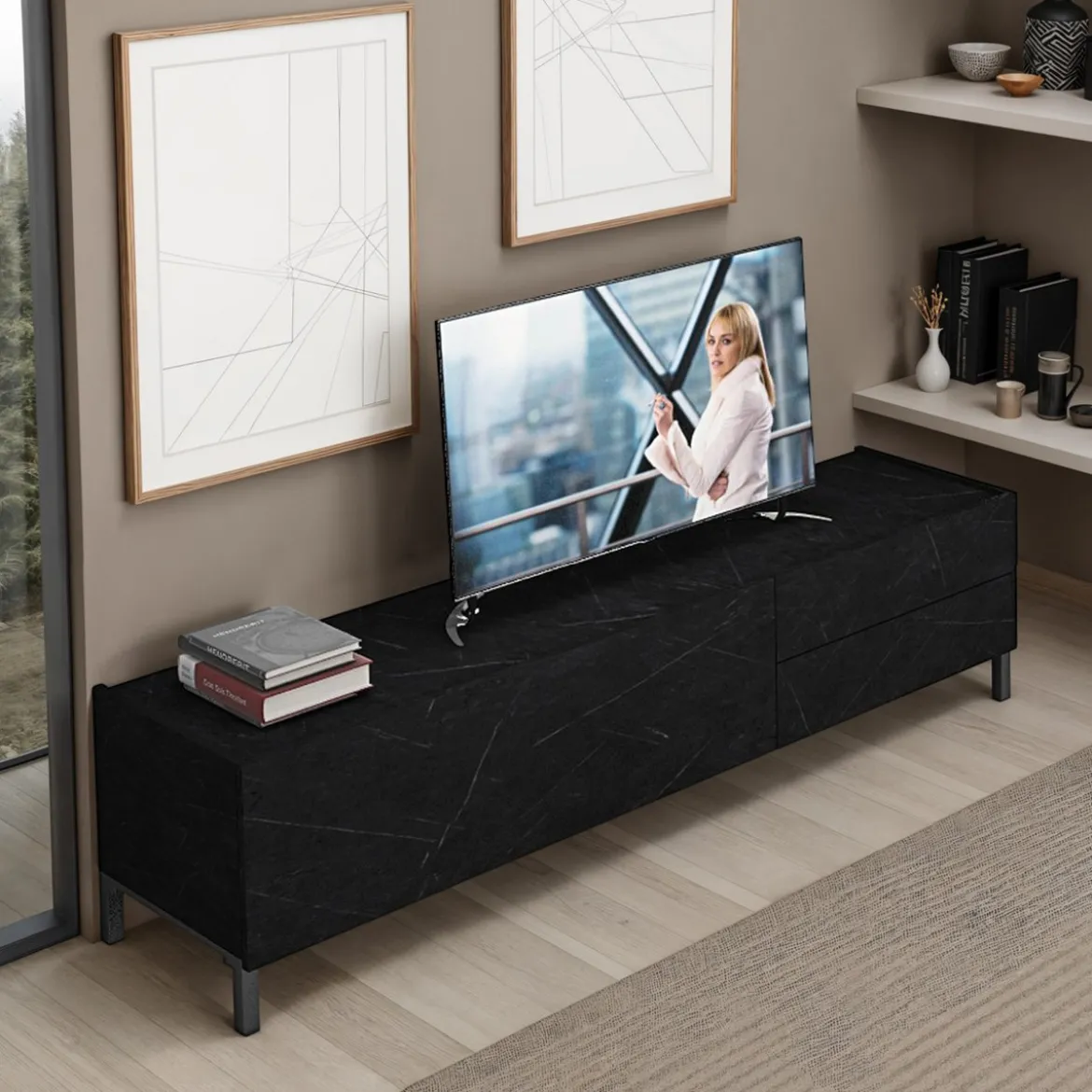 Eddy black marble porta tv 1 anta ribalta e 2 cassetti finitura marmo nero opaco 160x40xh42 cm