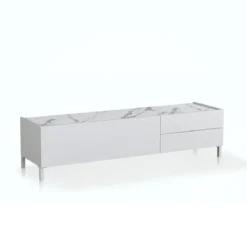 Eddy milano porta tv 1 anta e 2 cassetti laccato bianco lucido top finitura marmo calacatta opaco 160x40xh42 cm