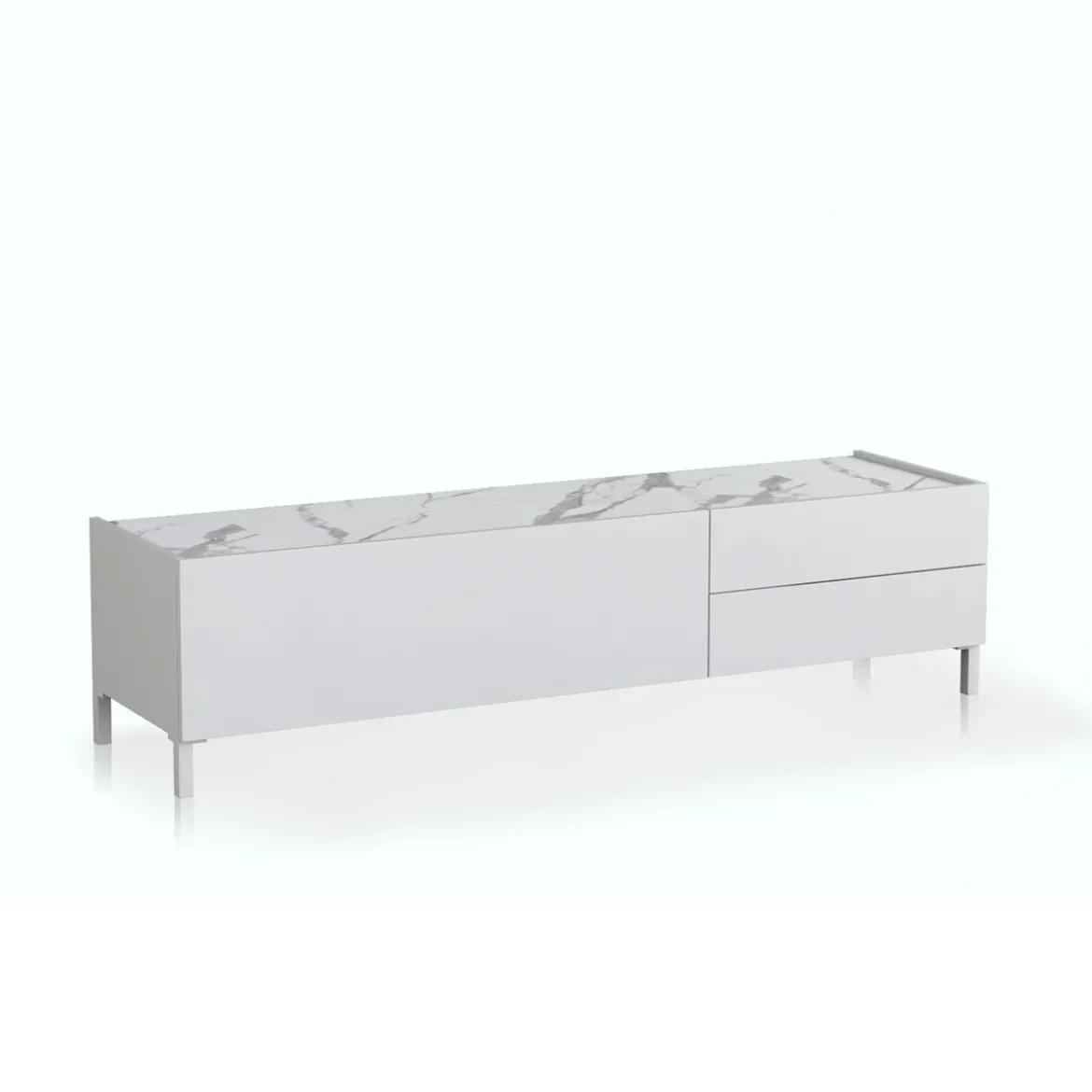 Eddy milano porta tv 1 anta e 2 cassetti laccato bianco lucido top finitura marmo calacatta opaco 160x40xh42 cm