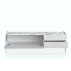 Eddy milano porta tv 1 anta e 2 cassetti laccato bianco lucido top finitura marmo calacatta opaco 160x40xh42 cm