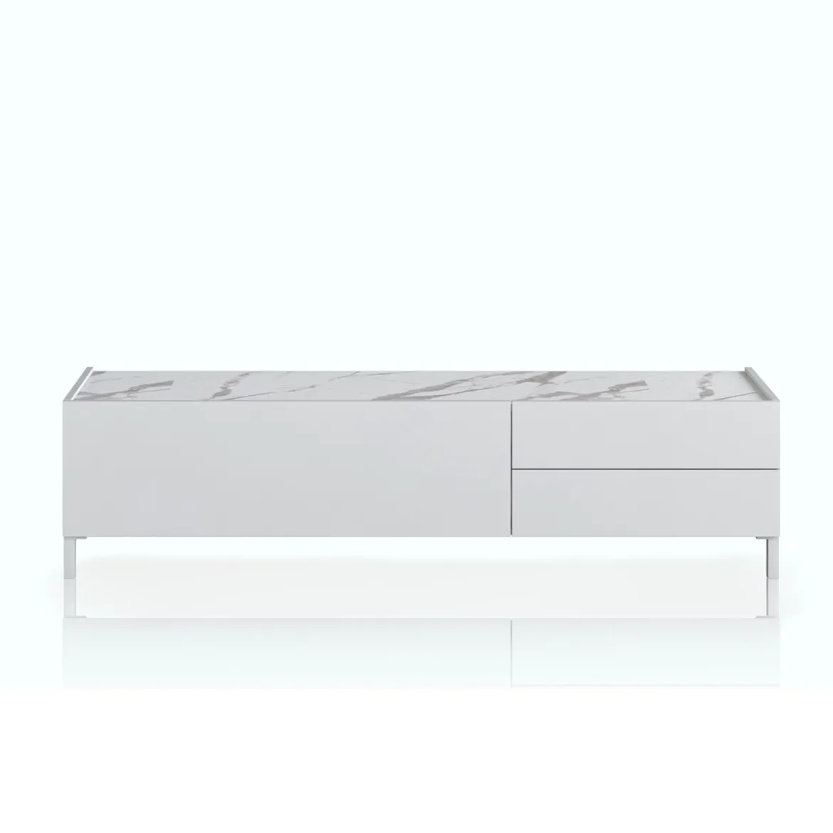 Eddy milano porta tv 1 anta e 2 cassetti laccato bianco lucido top finitura marmo calacatta opaco 160x40xh42 cm