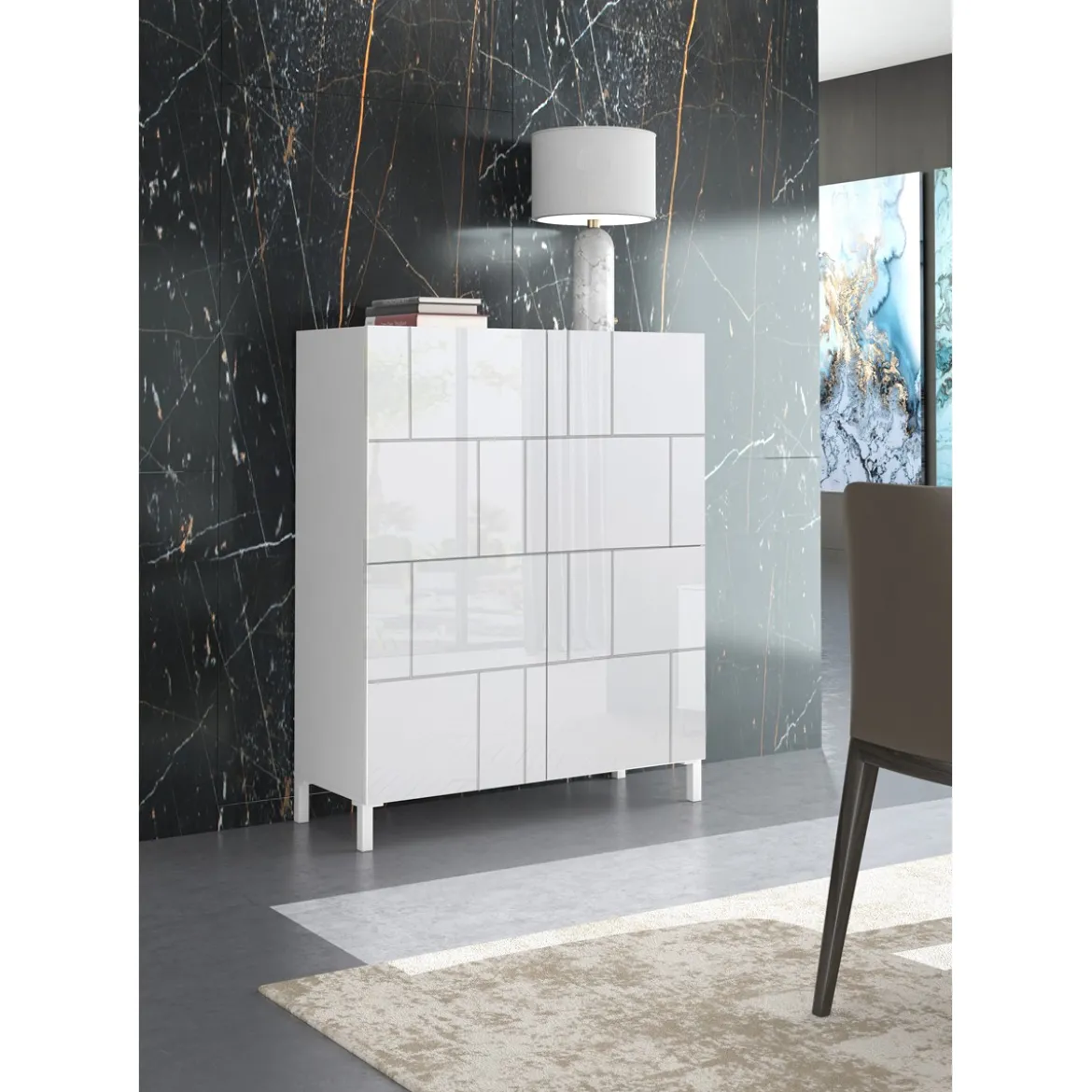 Eddy random mobile alto 4 ante serigrafate laccato bianco lucido 90x35xh110 cm