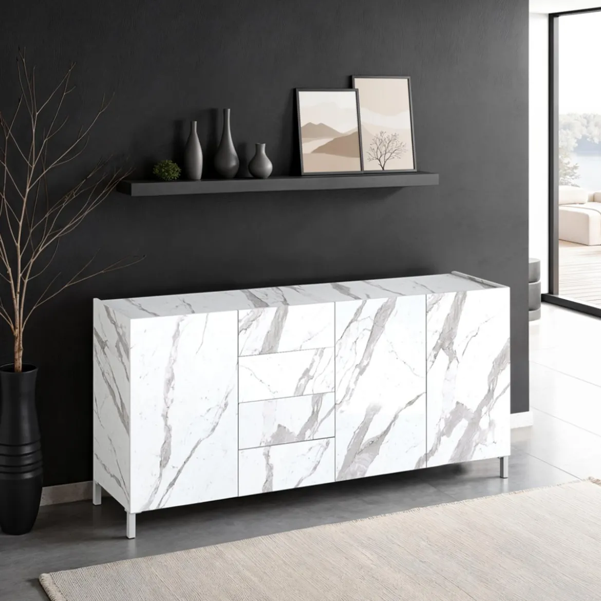 Eddy white marble madia grande finitura marmo bianco calacatta opaco cm. h.84 l.174 p.40 made in italy