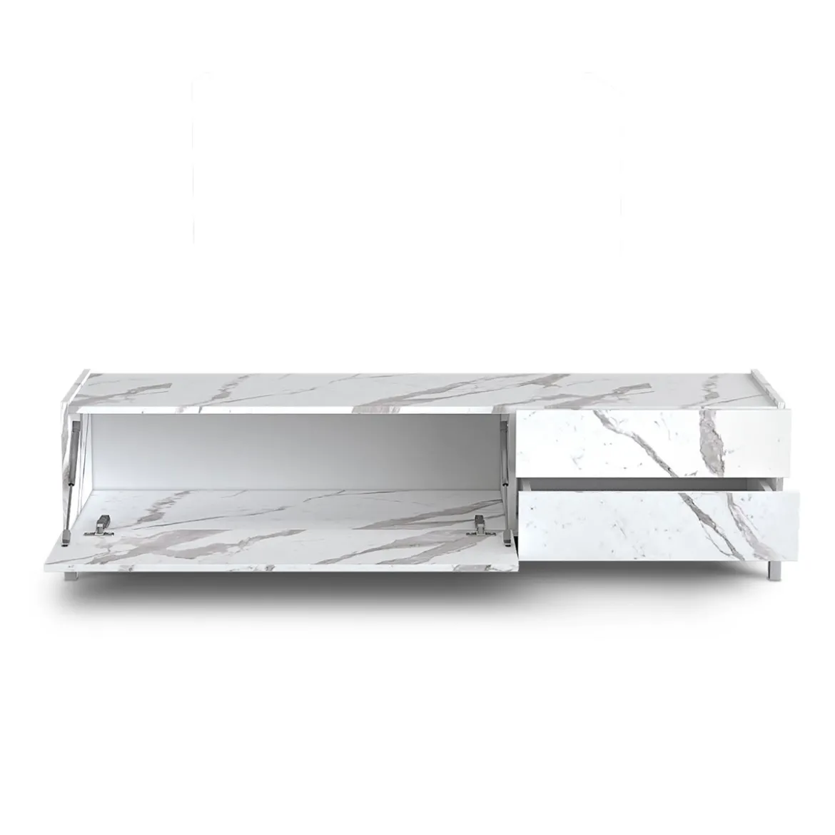 Eddy white marble porta tv 1 anta ribalta e 2 cassetti finitura marmo bianco opaco calacatta 160x40xh42 cm