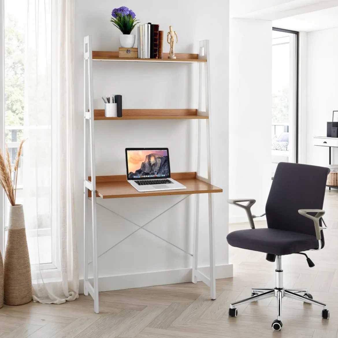 Edmond desk libreria computer laccata bianco opaco e finitura rovere 80x45xh170 cm