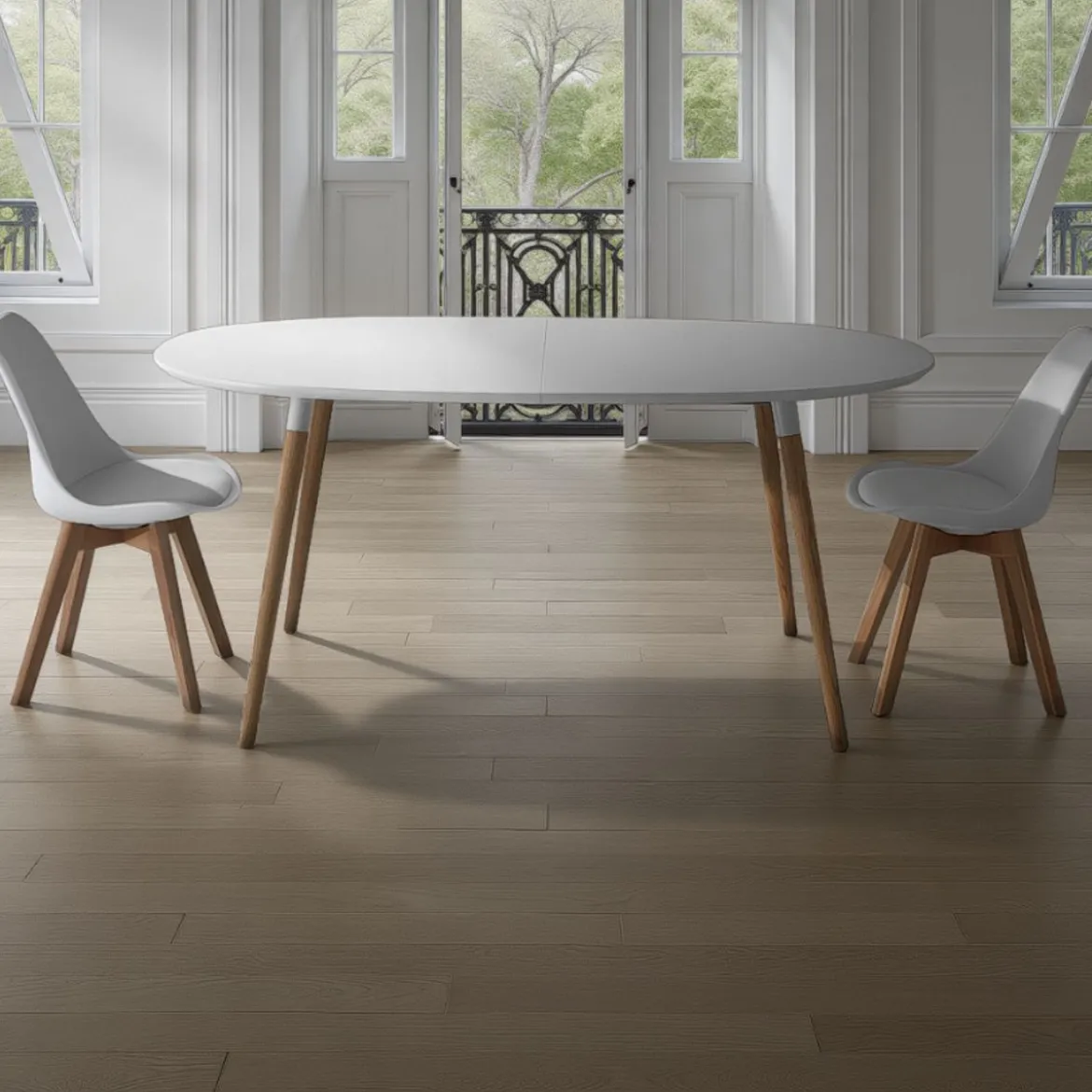 Ego Wood Tavolo Ovale Allungabile verniciato top bianco opaco e gambe in legno massello finitura rovere 170-220-270 x 105 cm