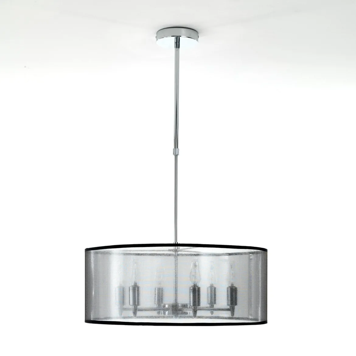 Elizabetha lampadario 6 luci in metallo cromato con paralume effetto organza argento e filo regolabile d50 h20 cm