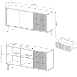 Ethel madia 2 ante 3 cassetti rovere dogato laminato gambe legno h79,8 l153,5 p39,5
