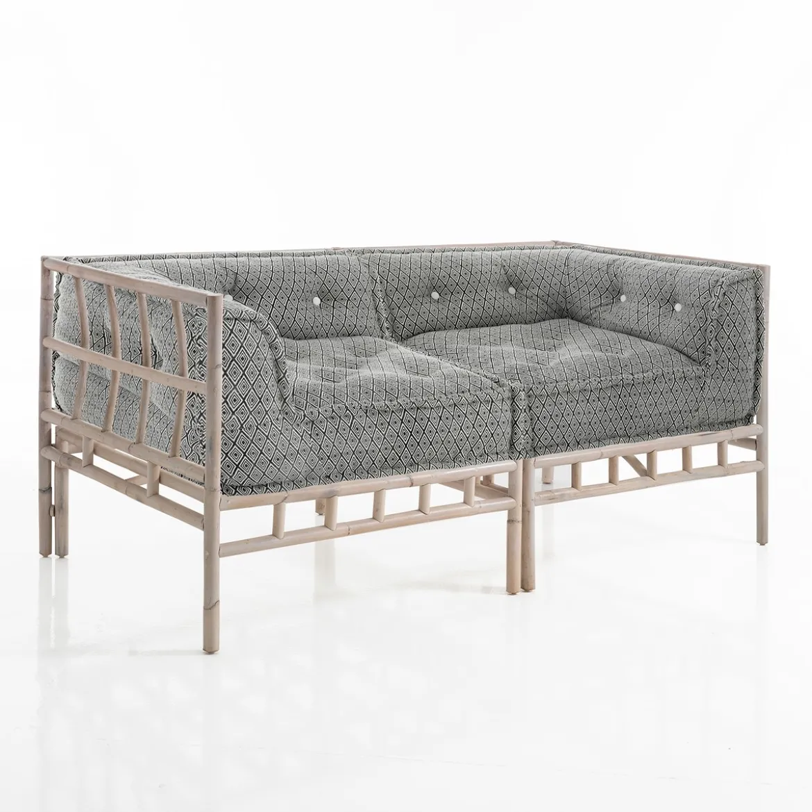 Fjulia-b divano 2 posti in rattan sbiancato rivestimento 100% cotone grigio scuro 160x80xh70 cm