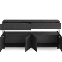 Float black wood madia 4 ante 2 cassetti finitura rovere nero e vetro 172x40xh81 cm