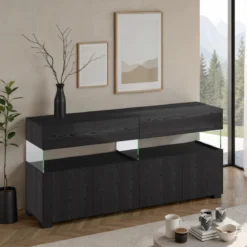 Float black wood madia 4 ante 2 cassetti finitura rovere nero e vetro 172x40xh81 cm