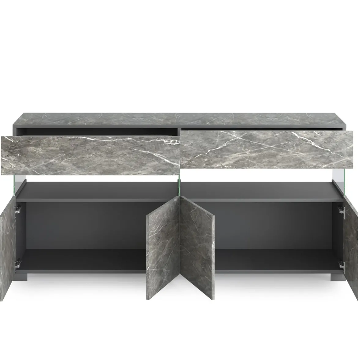 Float marble madia 4 ante 2 cassetti finitura marmo grigio antracite opaco e vetro 172x40xh81 cm