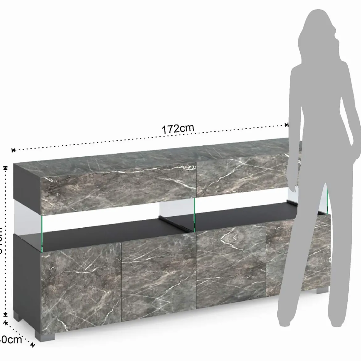 Float marble madia 4 ante 2 cassetti finitura marmo grigio antracite opaco e vetro 172x40xh81 cm