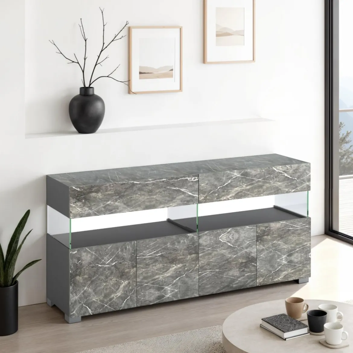 Float marble madia 4 ante 2 cassetti finitura marmo grigio antracite opaco e vetro 172x40xh81 cm