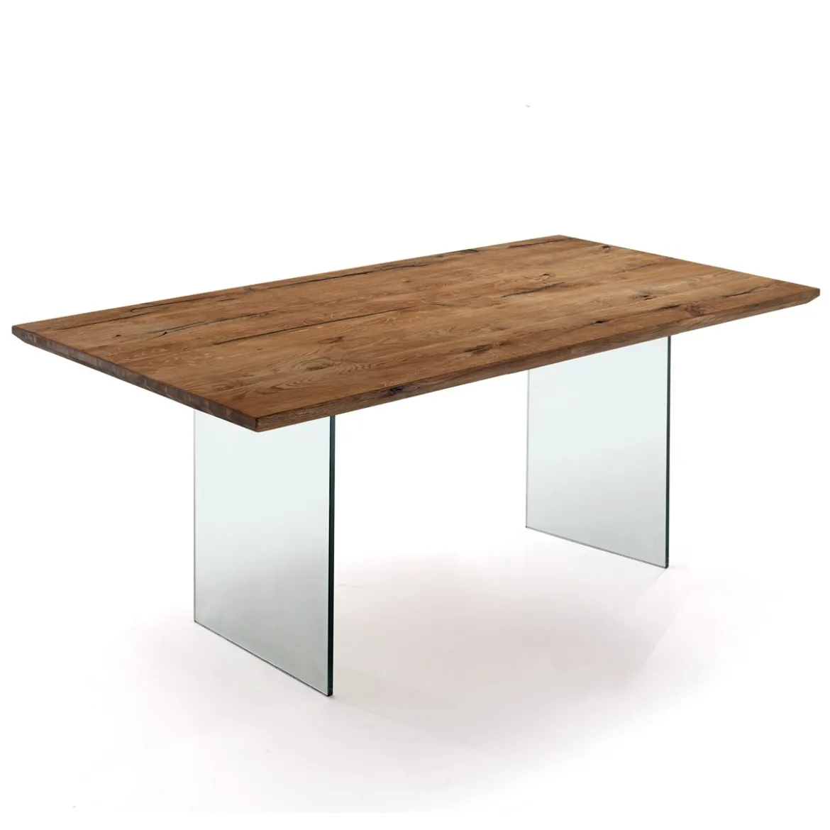 Float Tavolo Scrivania in Legno Massello finitura Rovere con gambe in Vetro Temprato, 180 x 90 x h 76 cm