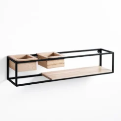 Francy mensola da parete ingresso in metallo nero opaco e legno massello finitura rovere 60x12xh12 cm