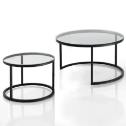 Gabriel evo clear set 2 tavolini con top in vetro spessore 6 mm e struttura acciaio nero opaco diametro 50/70 cm