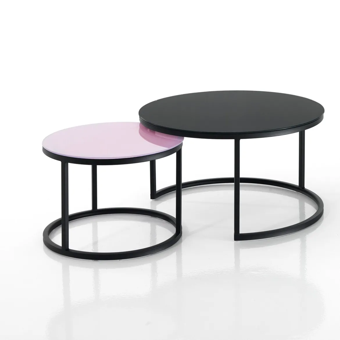 Gabriel evo set 2 tavolini piano con vetro cipria / nero in acciaio verniciato nero opaco d50 d70 cm