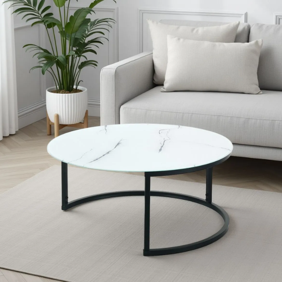 Gabriel evo tavolino grande piano in vetro effetto marmo bianco h35 d80 cm