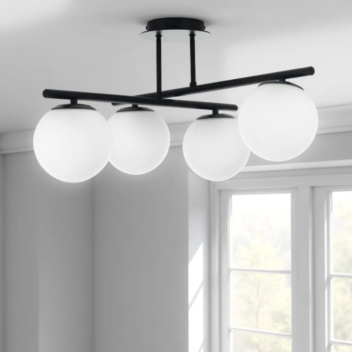 Galaxy black lampadario in metallo nero opaco sfere in vetro bianco opaco cm.60x60 h30 cm