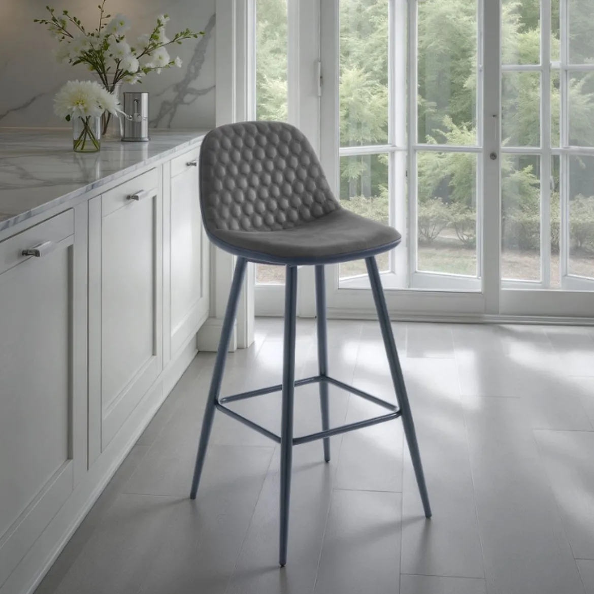 Gale grey sgabello in tessuto effetto velluto grigio invecchiato e pelle sintetica nera metallo nero opaco 42x50xh100 cm