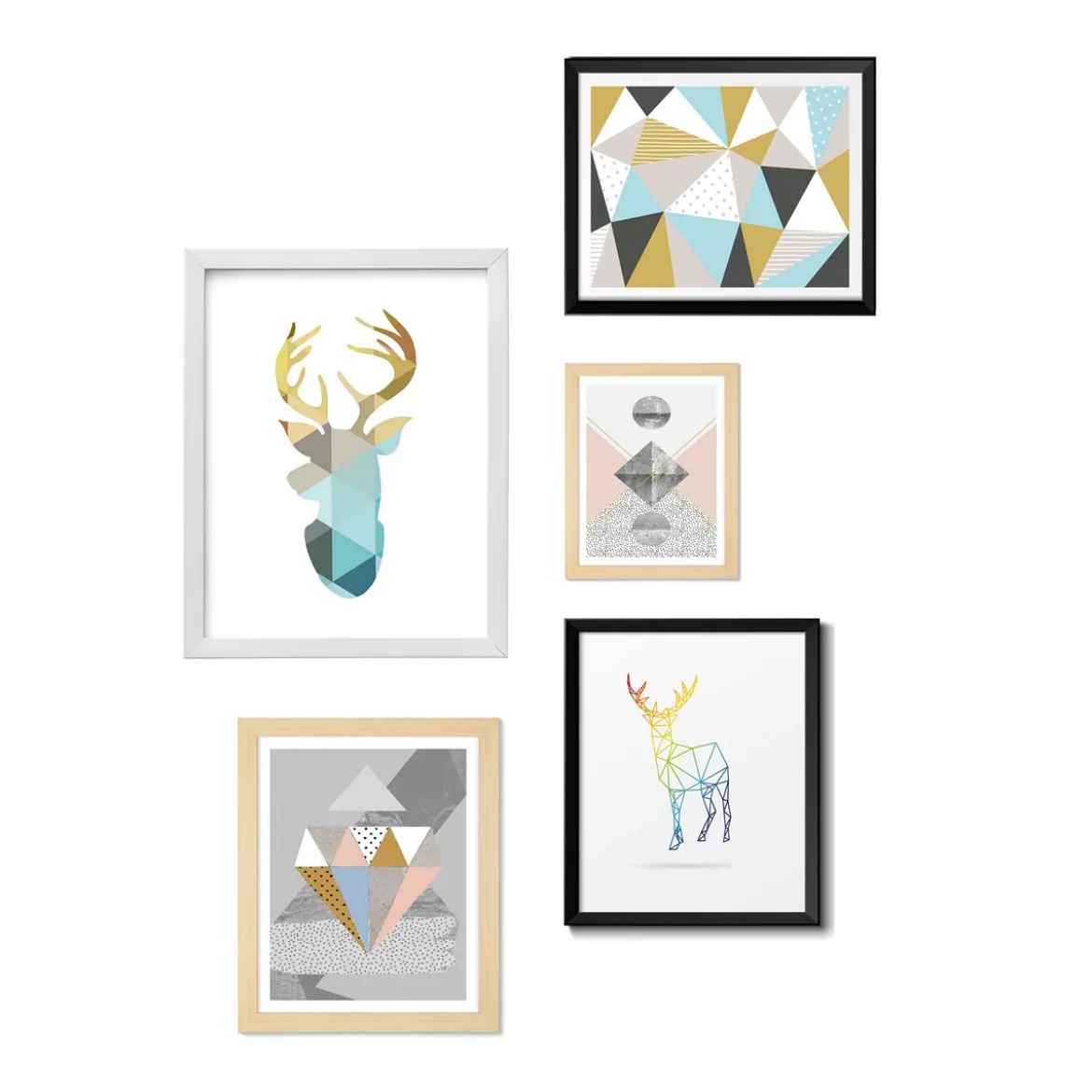 Geometric composizione 5 quadri cornice laccata nero e bianco e finitura rovere