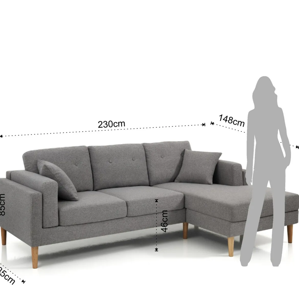 Giada divano angolare rivestito in tessuto grigio l230 p85/148 h85 cm