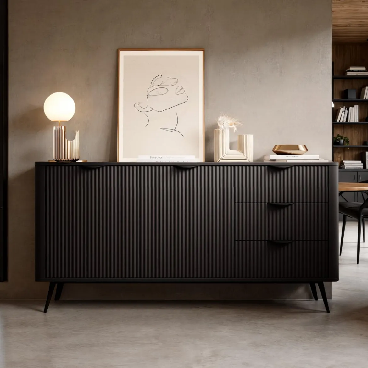 Gretha black madia 2 ante 3 cassetti colore nero opaco h812 l1632 p38