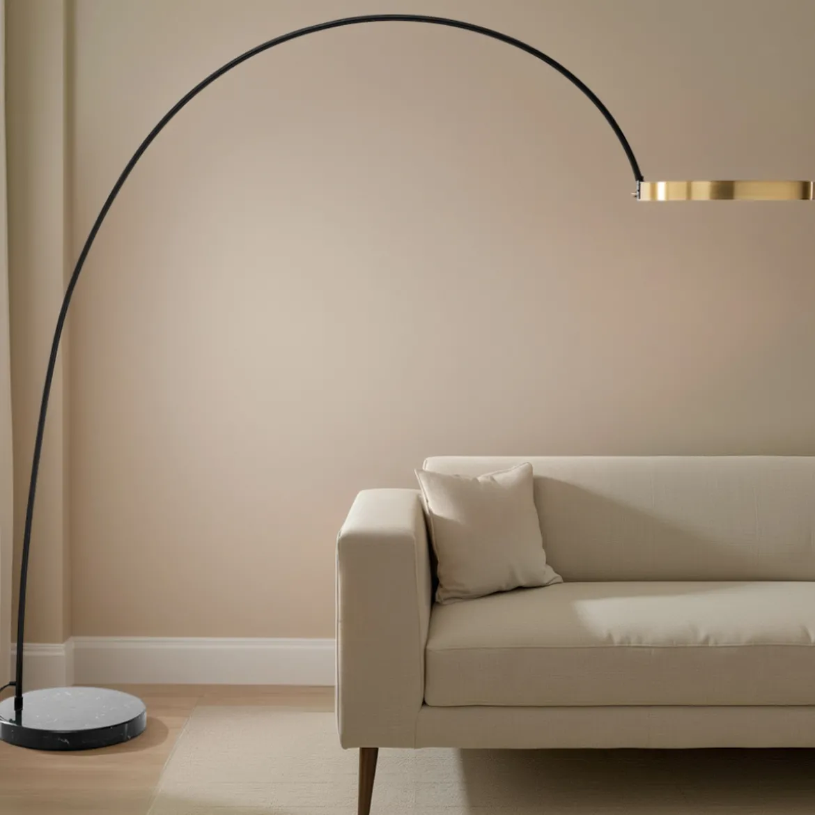 Halo gold lampada da terra led dimmerabile ad arco in metallo nero opaco e marmo nero con telecomando h210x225 cm