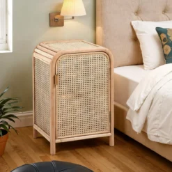 Hamsa armadietto in teak rattan e pelle naturale 1 anta 45x45xh70 cm