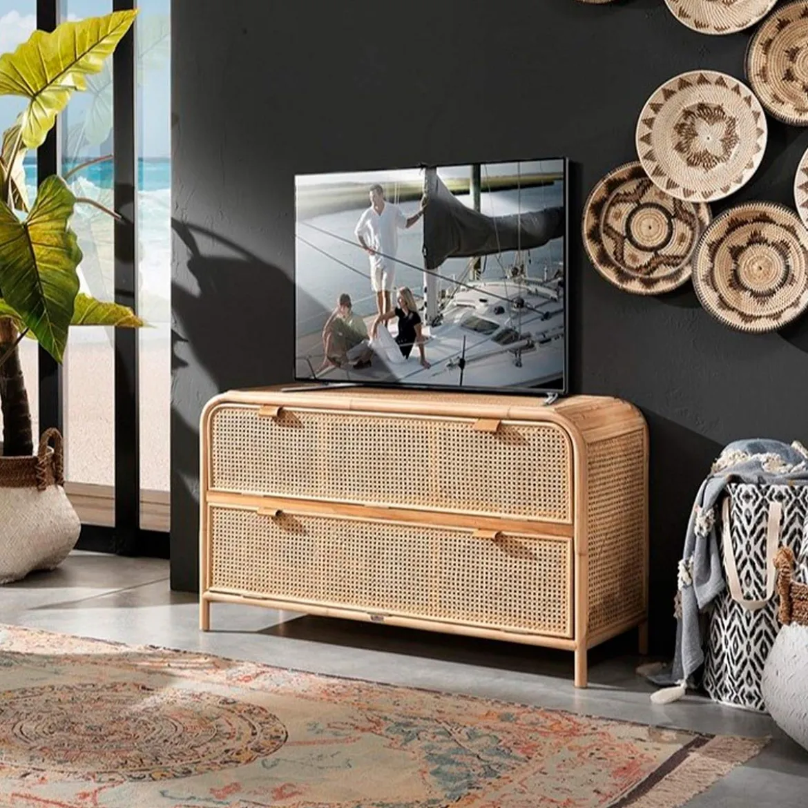 Hamsa madia in teak rattan e pelle naturale 2 ante 120x45xh70 cm