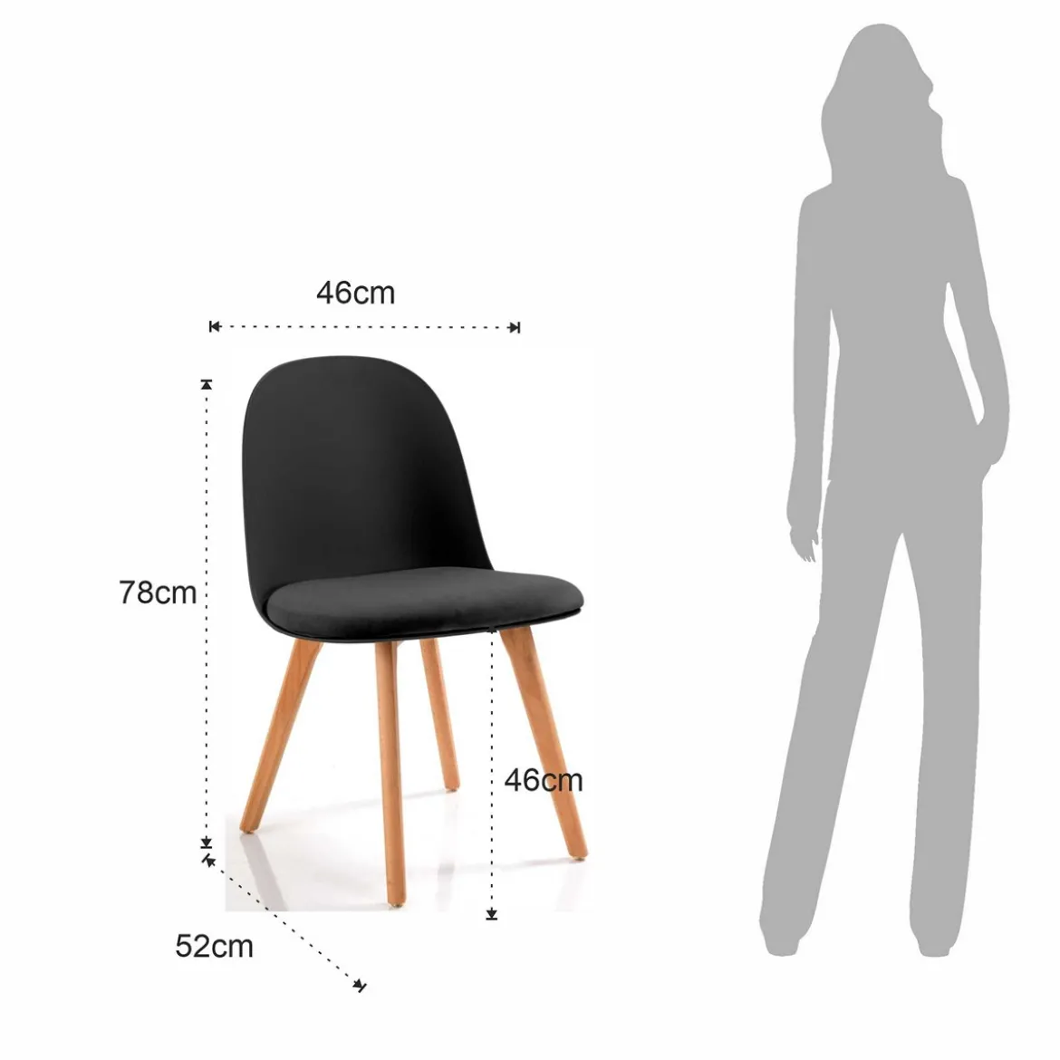 Jade wood black sedia con gambe in rovere e scocca nera imbottita in velluto nero h78 l46 p52 cm