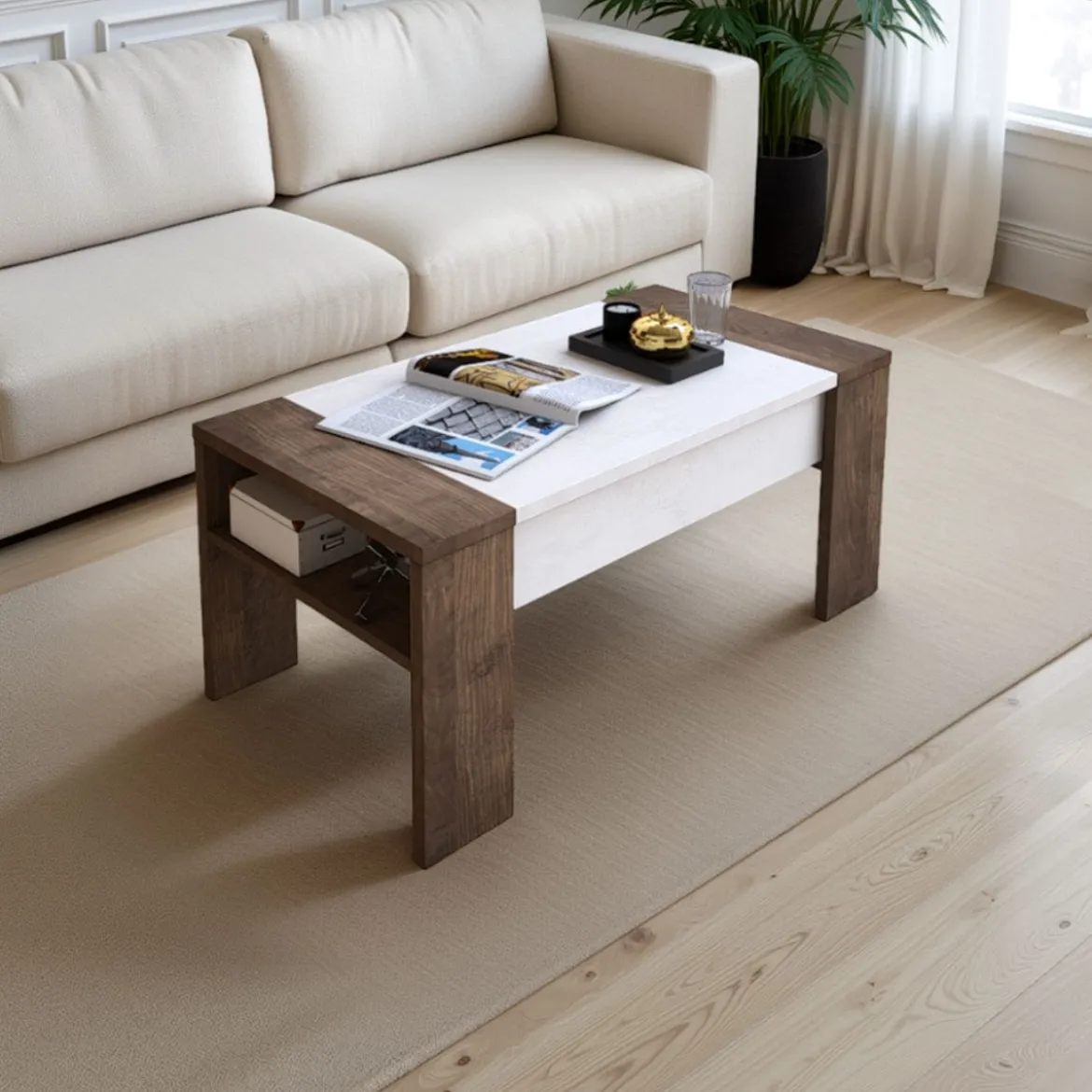 James silk flow tavolino contenitore finitura noce top finitura spatolato bianco top alzabile h425 l985 p50