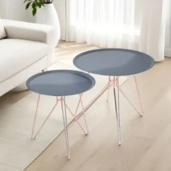 Jolly set 2 tavolini in acciaio piano verniciato antracite e gambe rame d40 d50 cm