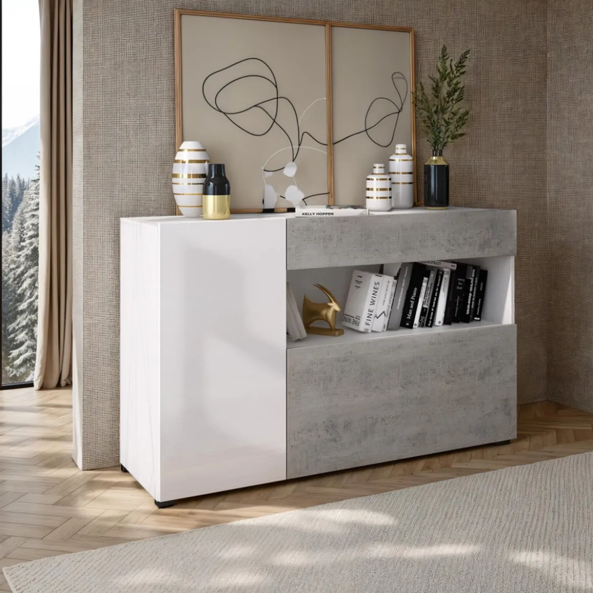 Jonny mobile 2 ante 1 cassetto bianco lucido e finitura larice bianco 130x41xh81 cm