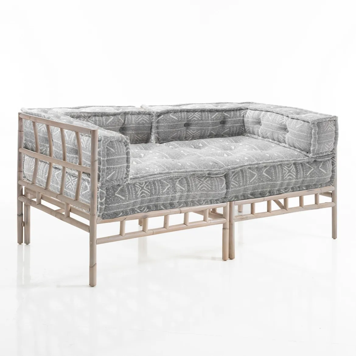Julia-a divano 2 posti in rattan sbiancato rivestimento 100% cotone grigio chiaro 160x80xh70 cm