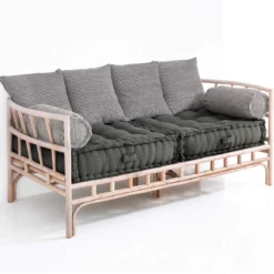 Julia-e divano 2 posti in rattan sbiancato rivestimento 100% cotone grigio 182x80xh70 cm