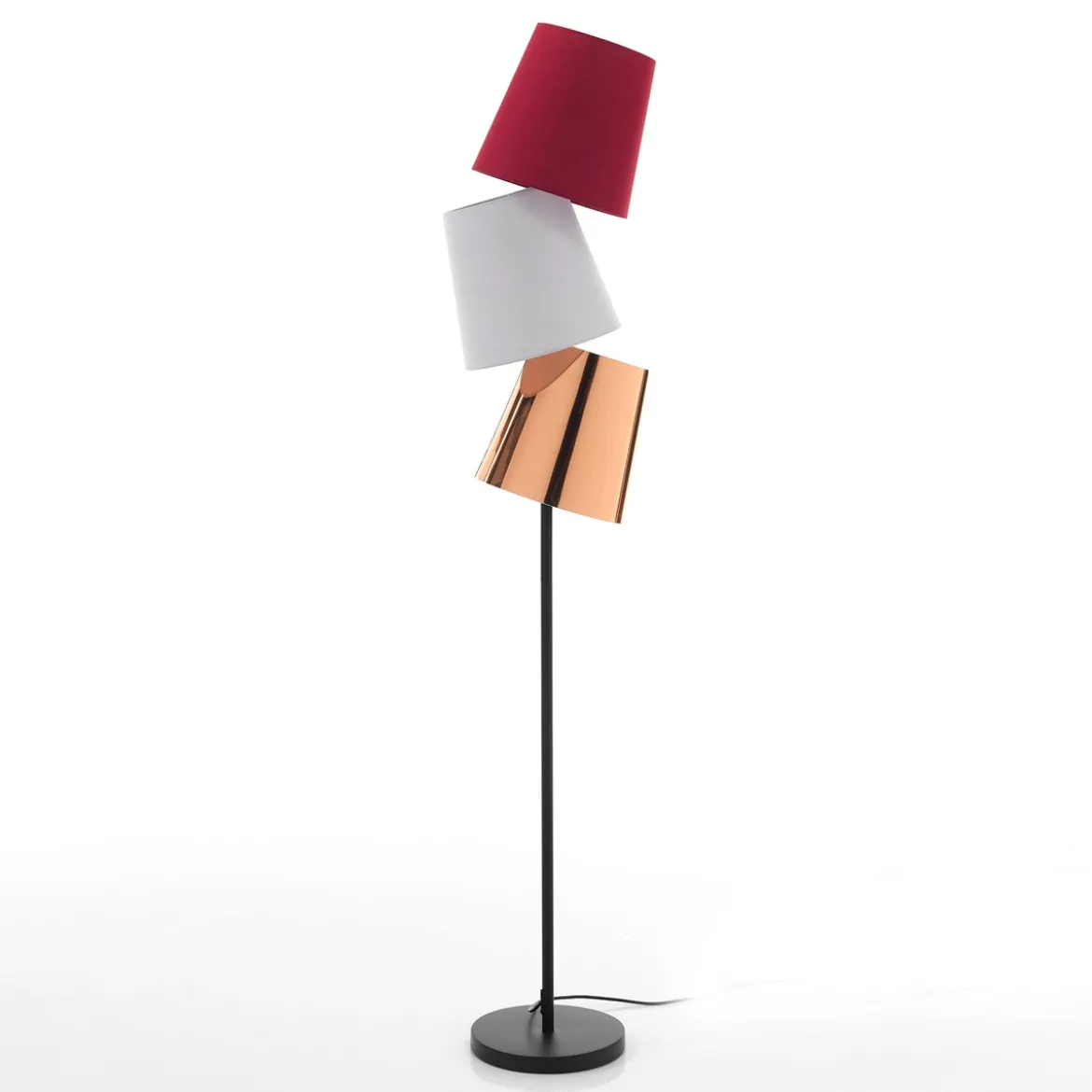 Jumble lampada da terra con 3 paralumi in tessuto colorato e in plastica oro 33x25 h162 cm