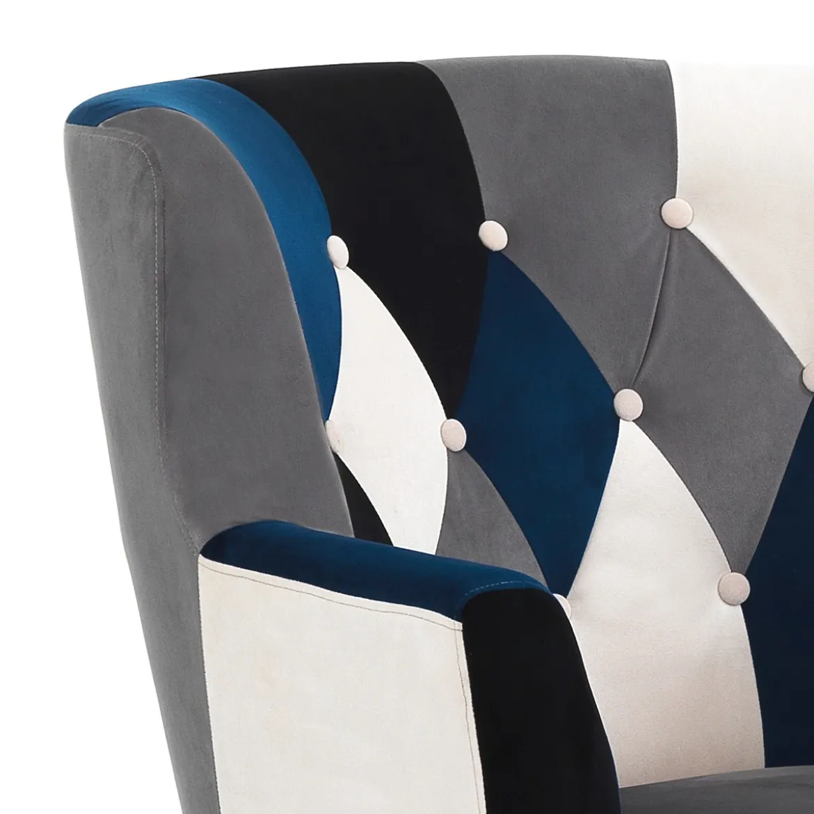 Kaleidos-e blue poltrona pouf tessuto tecnica patchwork gambe legno massello cm h.98 x l.78 x p.70