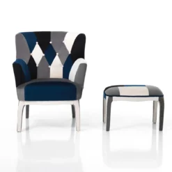 Kaleidos-e blue poltrona pouf tessuto tecnica patchwork gambe legno massello cm h.98 x l.78 x p.70