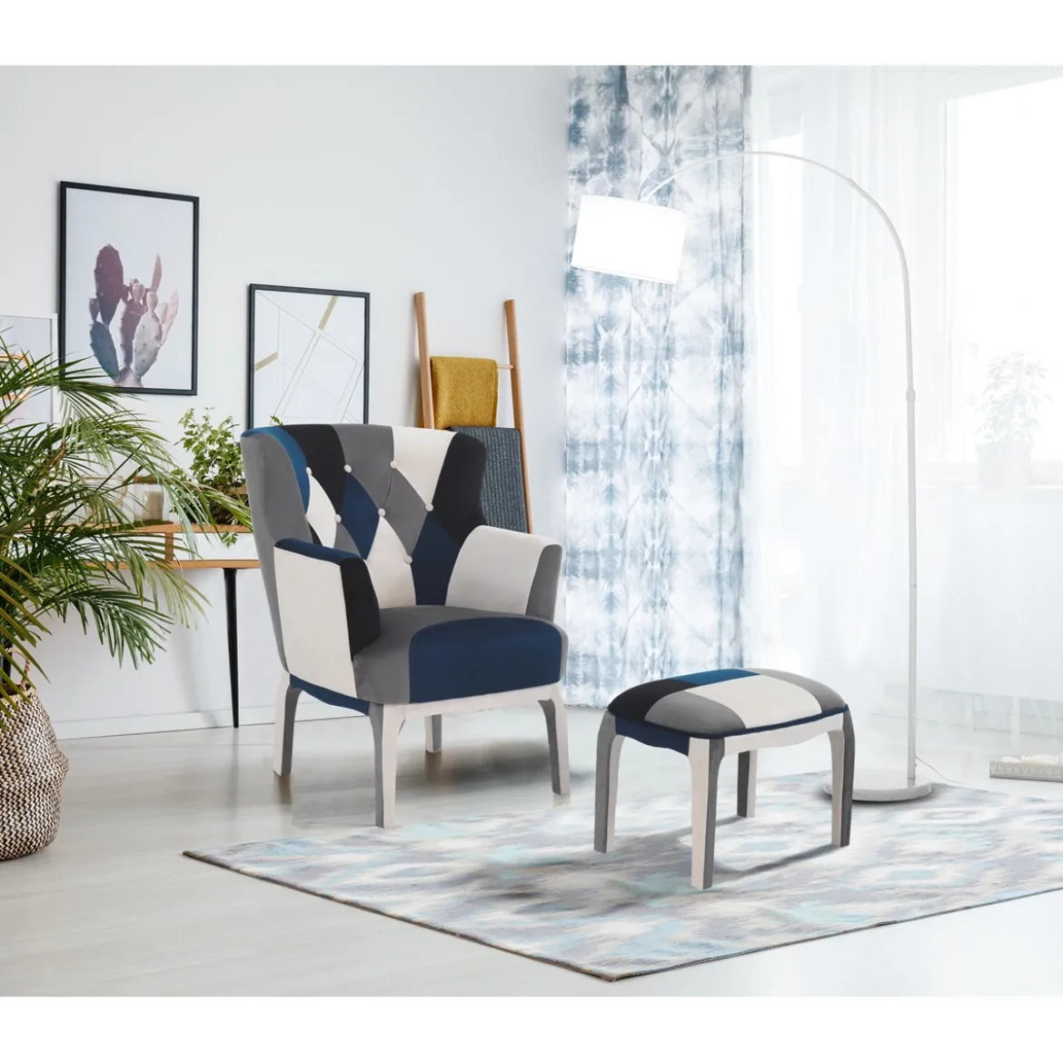 Kaleidos-e blue poltrona pouf tessuto tecnica patchwork gambe legno massello cm h.98 x l.78 x p.70