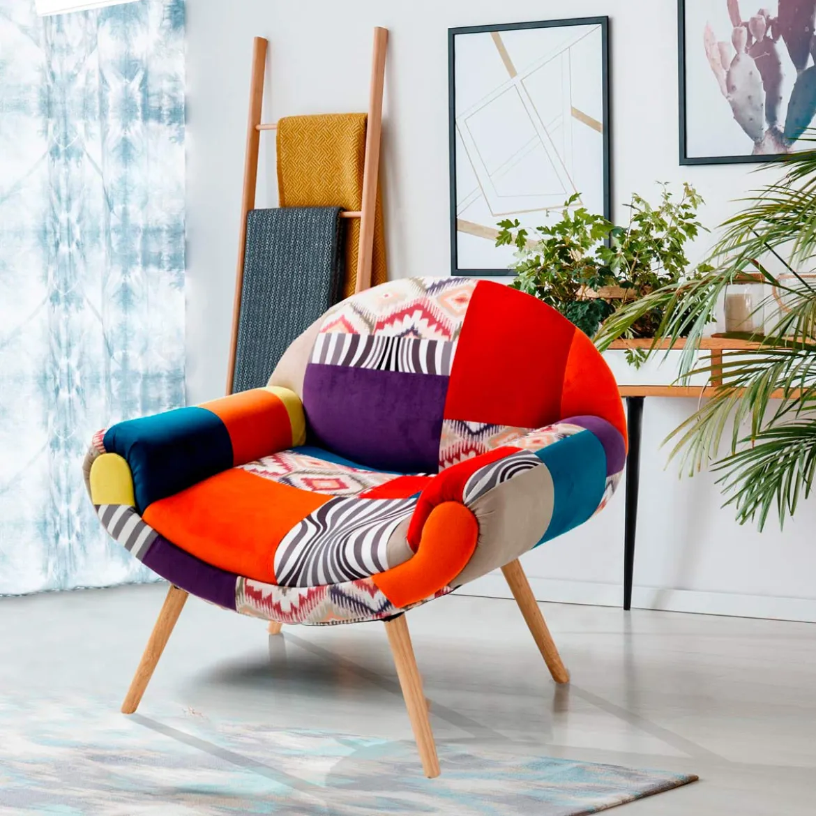 Kaleidos-f poltrona in tessuto patchwork e legno massello finitura rovere 84x69xh74 cm