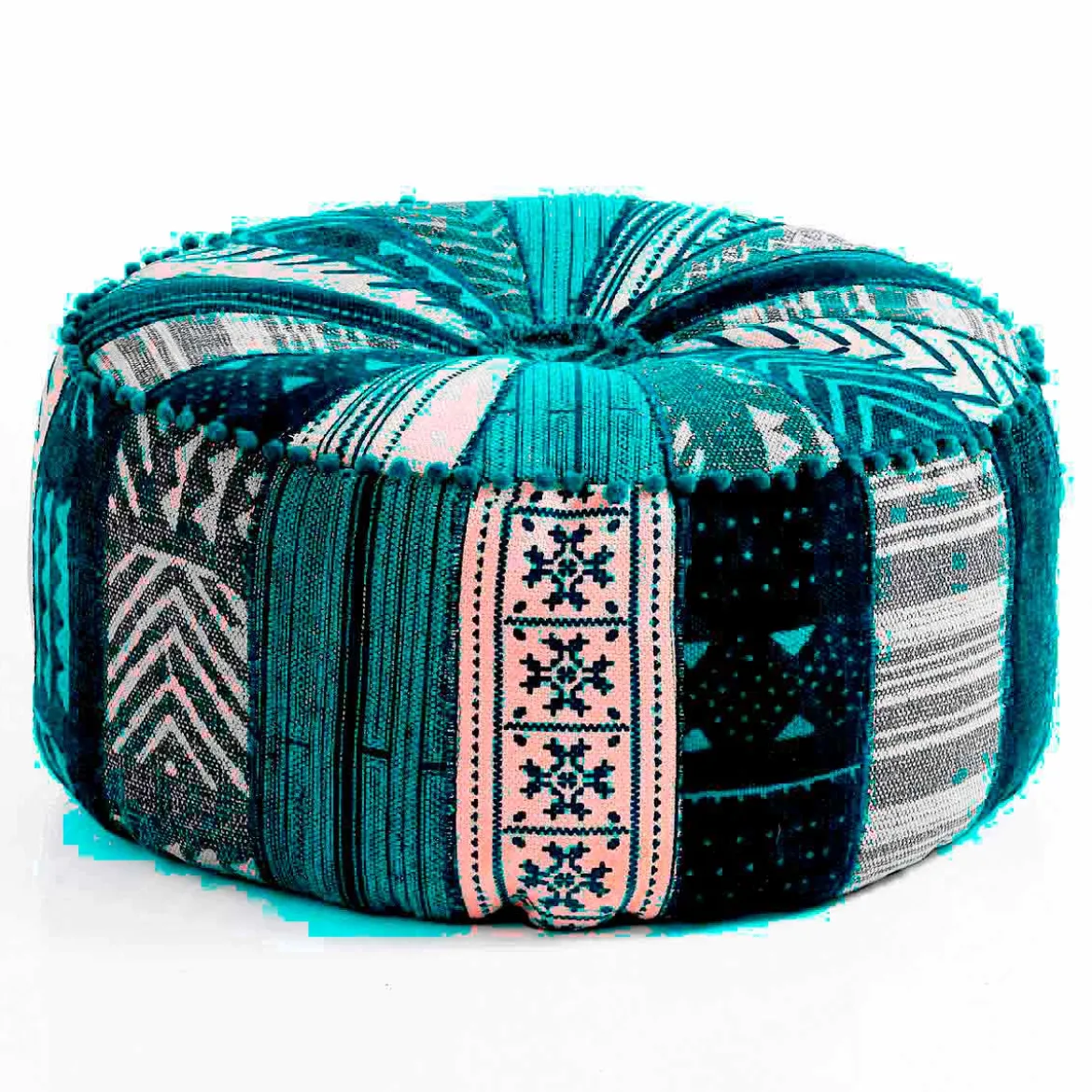 Kamar blue patch pouf rotondo rivestimento cotone 100% patchwork blu d60xh30 cm