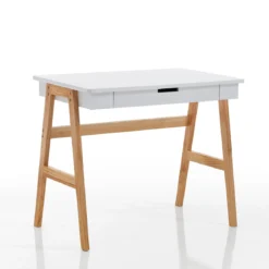 Karro Scrivania / Computer Desk Bianca Opaco Laccata e Legno Massello finitura Rovere, 90 x 55 x h 75 cm