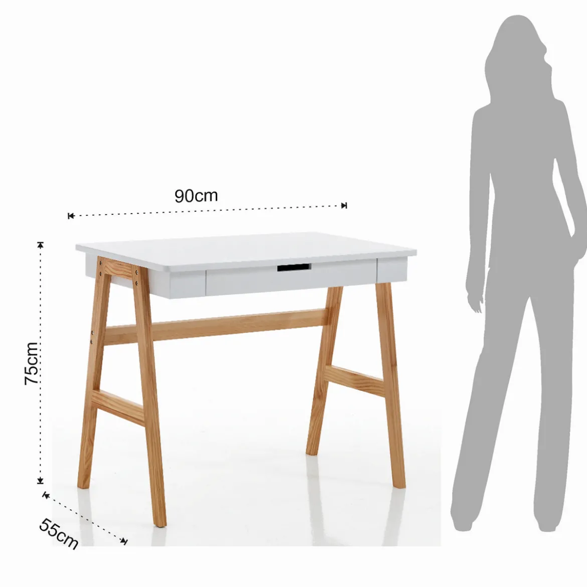Karro Scrivania / Computer Desk Bianca Opaco Laccata e Legno Massello finitura Rovere, 90 x 55 x h 75 cm