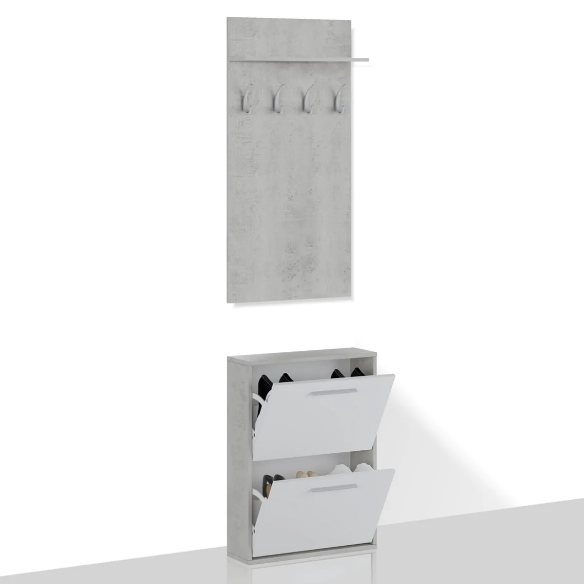 Kate Cement mobile da Ingresso Cemento e Bianco Opaco con Scarpiera 54 x 18 x h 73 cm e pannello appendiabiti 54 x 15 x h 108 cm