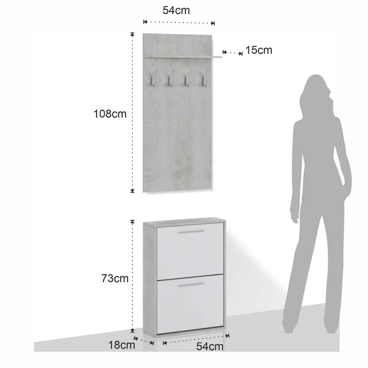 Kate Cement mobile da Ingresso Cemento e Bianco Opaco con Scarpiera 54 x 18 x h 73 cm e pannello appendiabiti 54 x 15 x h 108 cm