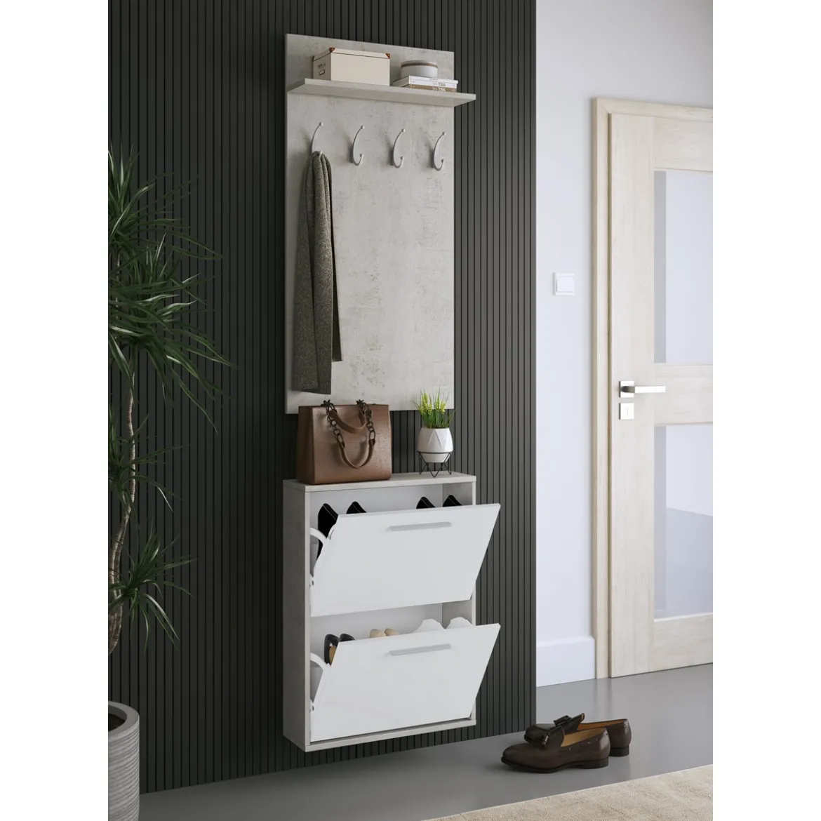 Kate Cement mobile da Ingresso Cemento e Bianco Opaco con Scarpiera 54 x 18 x h 73 cm e pannello appendiabiti 54 x 15 x h 108 cm